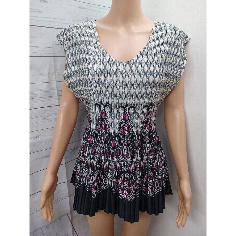 Vtg Cato Accordion Pleated Top Blouse Shirt Paisley 14/16W Paisley White Pink